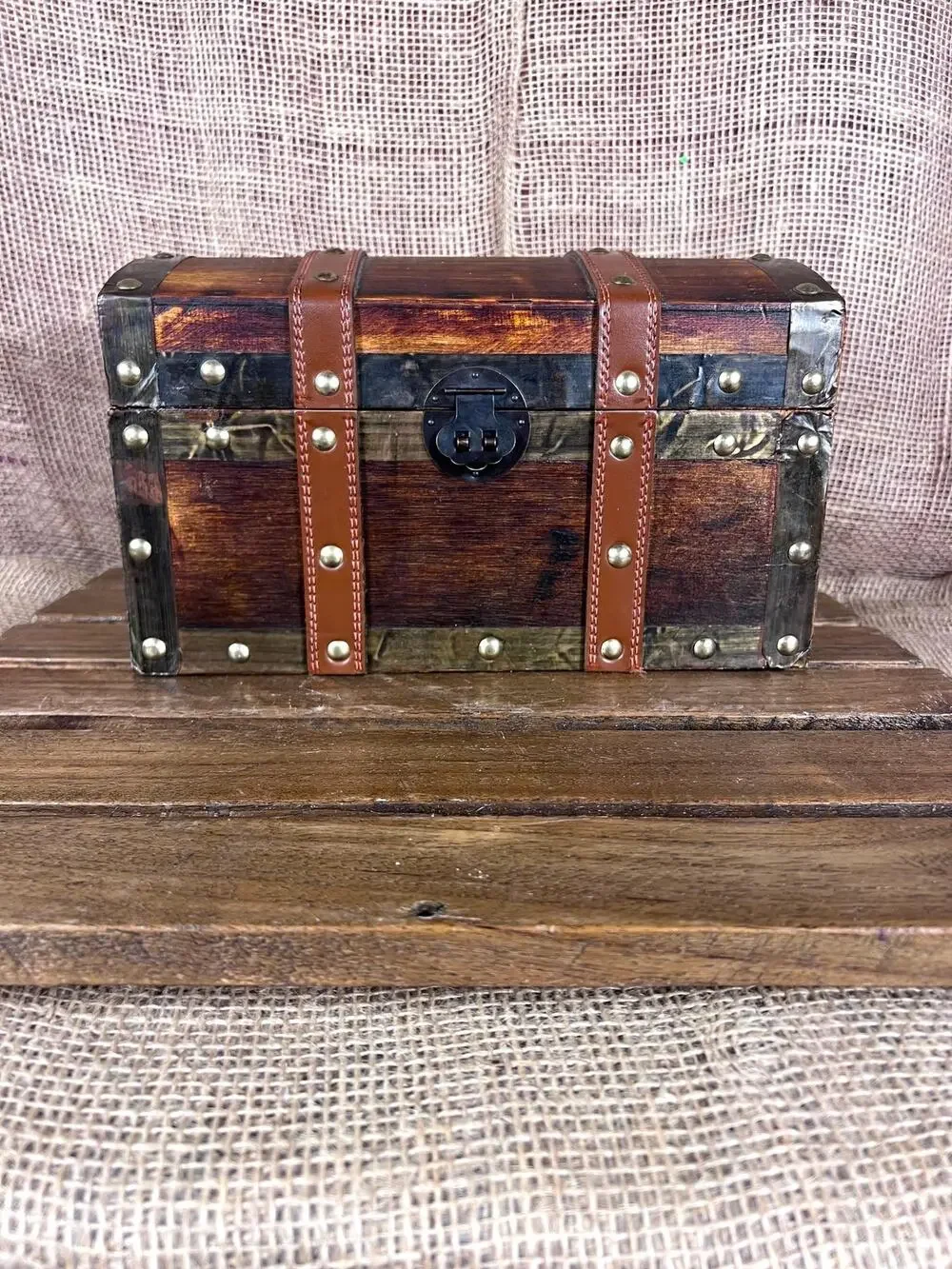 Wood/Leather Storage Keepsake Box with Bronze Details~Brass Metal Closure
